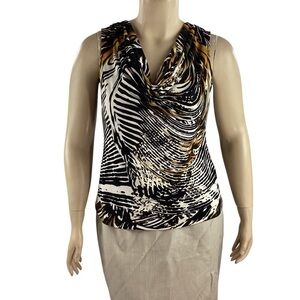 Calvin Klein Cowl Neck Sleeveless Abstract Top Black Brown L